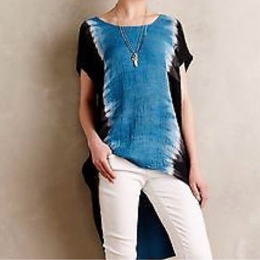 Anthropologie Stark River Run Tie-Dye Blue & Black Hi-Lo Linen Top S NWOT